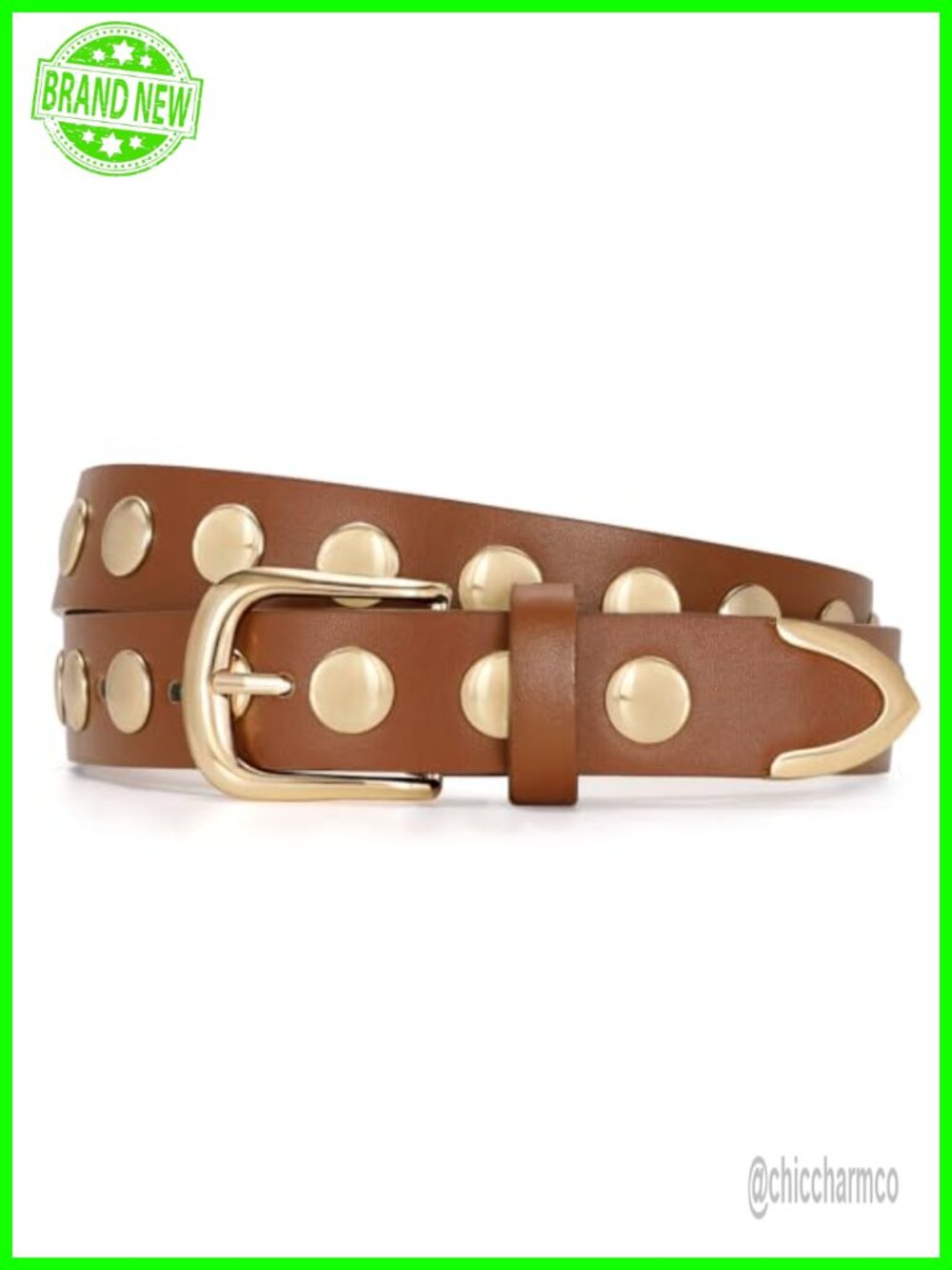 Women Fashion PU Leather Studded Belt with Gold Buckle for Jeans Pants Dresses